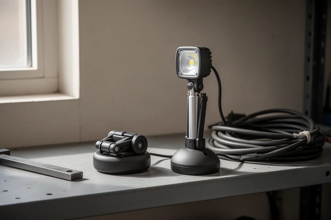 Wysuwana lampy robocza LED złożona kompaktowo na półce warsztatu