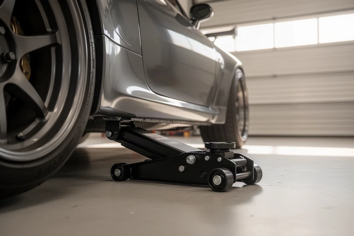 Gato de piso de perfil bajo deslizándose bajo el lateral de un automóvil deportivo