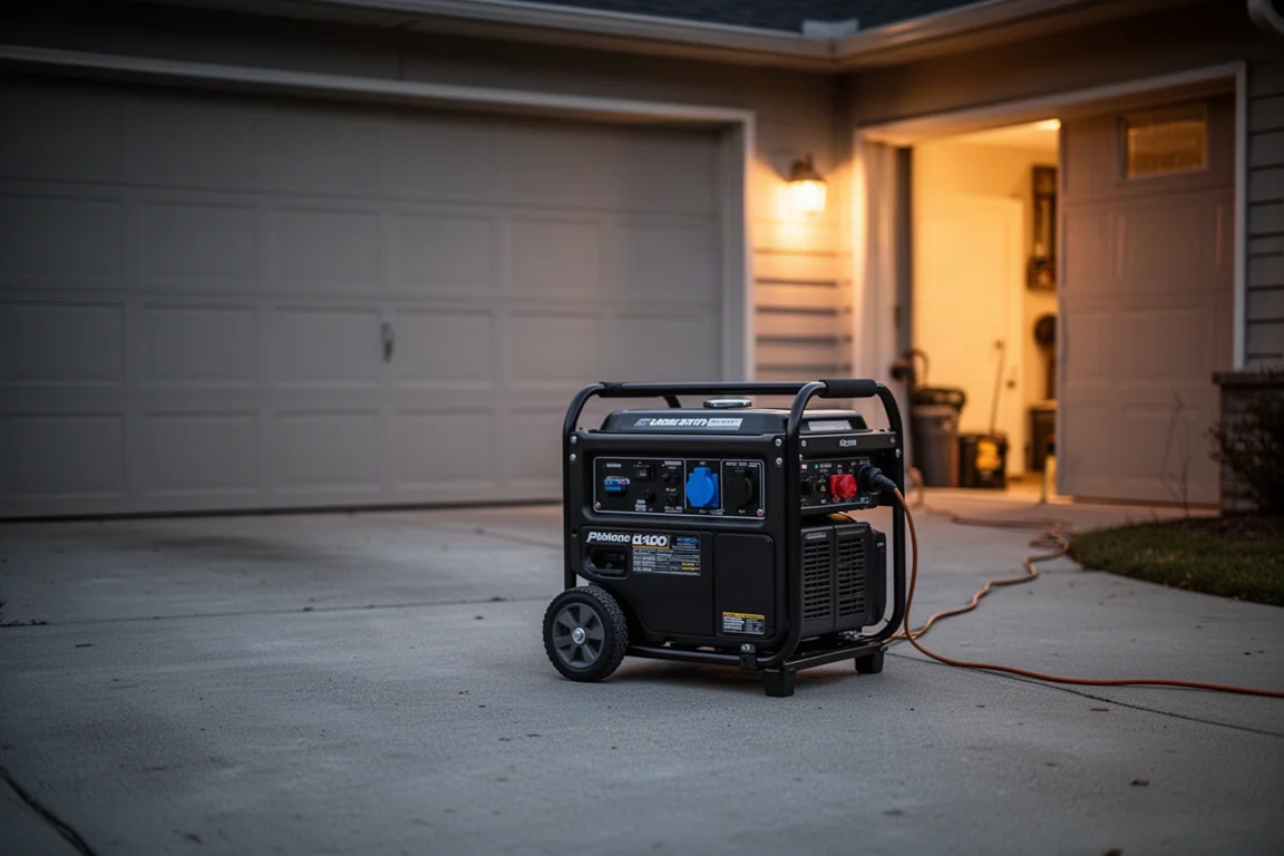Bärbar generator stående på ett garagegolv