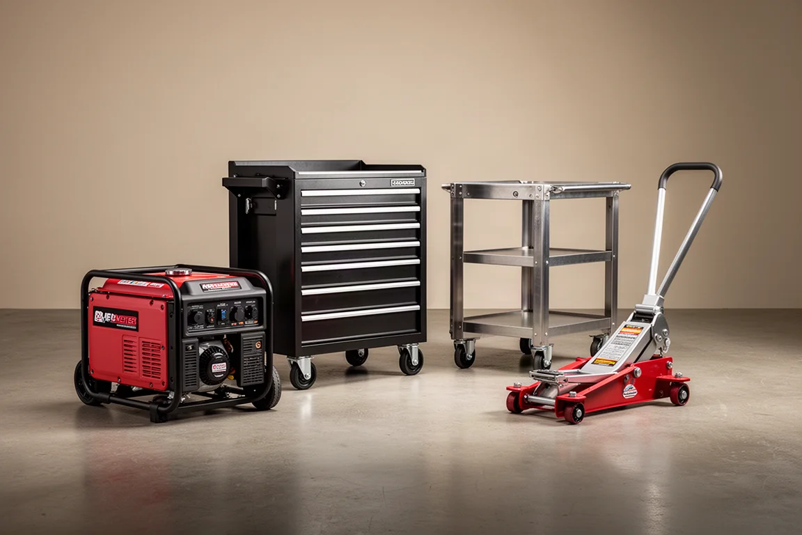 Garage workshop lineup with generator, tool chest, service cart, and floor jack