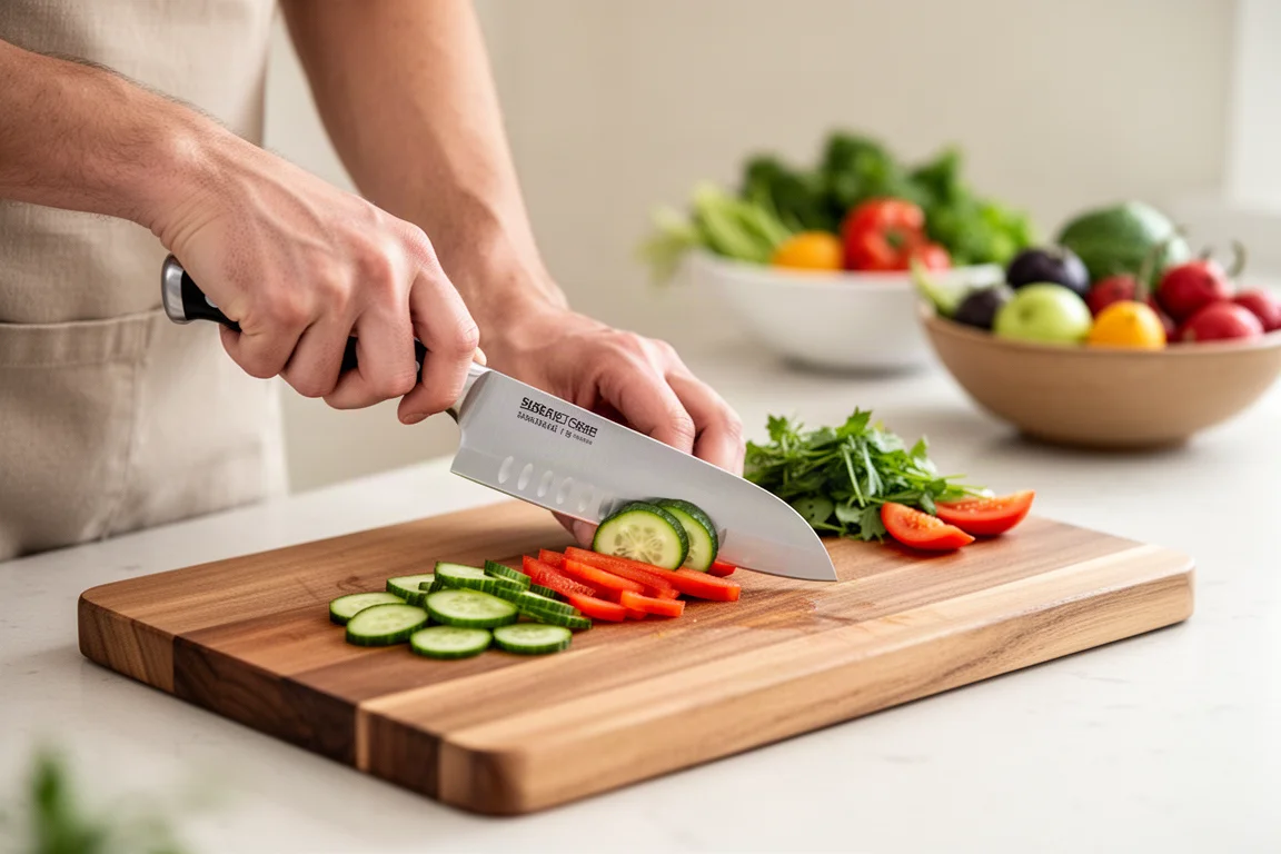 Un cocinero aficionado cortando verduras con un cuchillo santoku sobre una tabla de cortar en una cocina luminosa