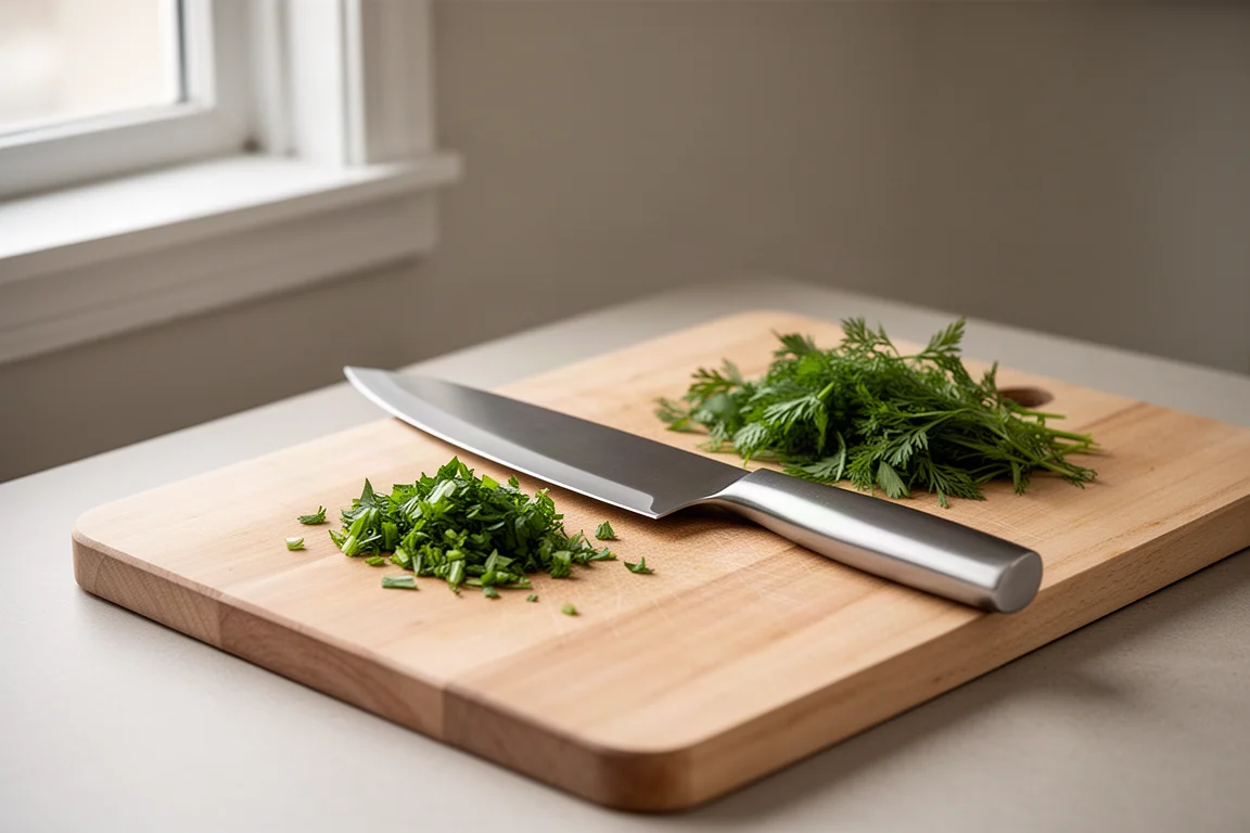 Un cuchillo de cocina de acero inoxidable sencillo junto a una tabla de cortar con hierbas frescas en una cocina hogareña modesta