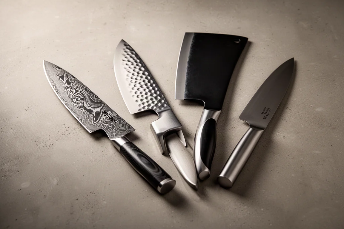 Collection of Japanese kitchen knives arranged on a matte concrete surface