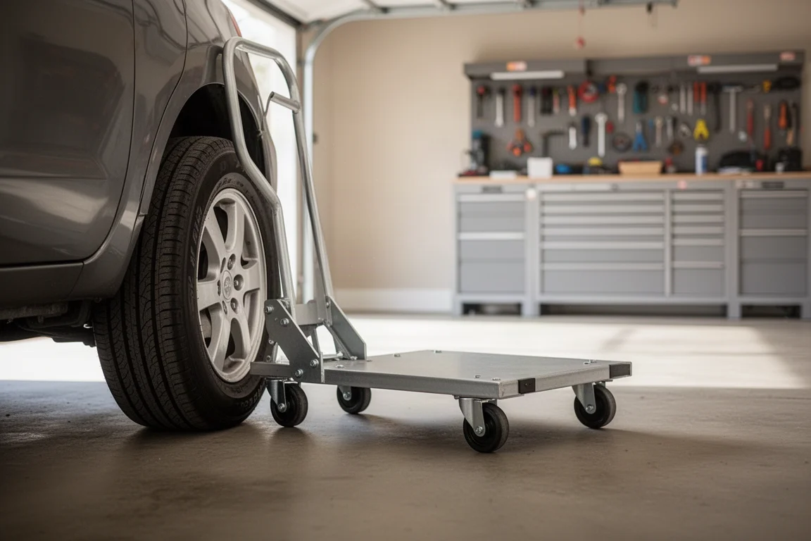 Transportrolle unter einem Autoreifen positioniert in einer hellen Heimwerkstatt