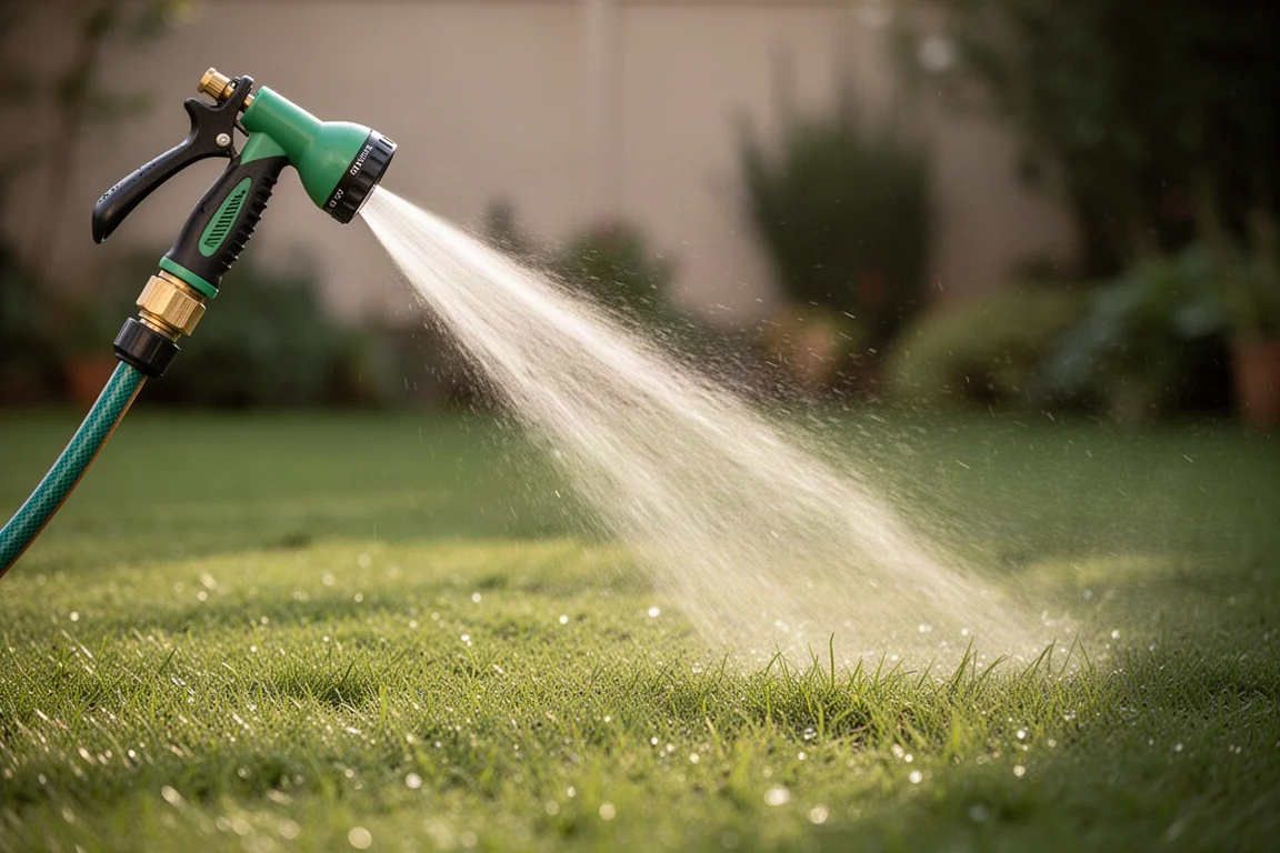 Garden hose nozzle spraying a jet of water across a lawn in daylight