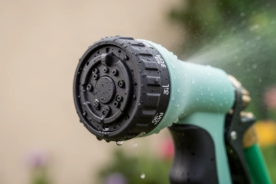 Close-up of a multi-pattern spray nozzle dial being adjusted