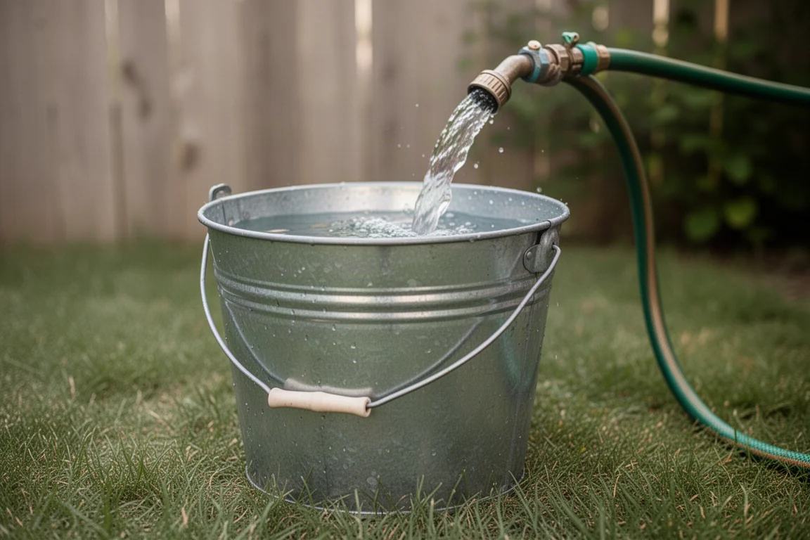 5-gallon bucket being filled with water from a garden hose