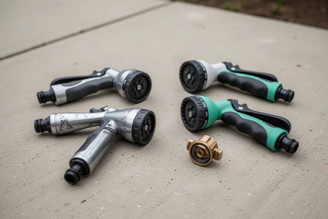 Scattered garden hose nozzles lying on concrete after drop testing