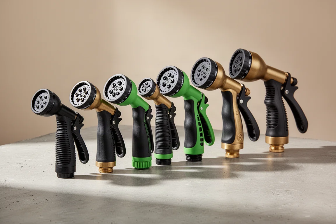 Row of assorted garden hose spray nozzles on a concrete surface