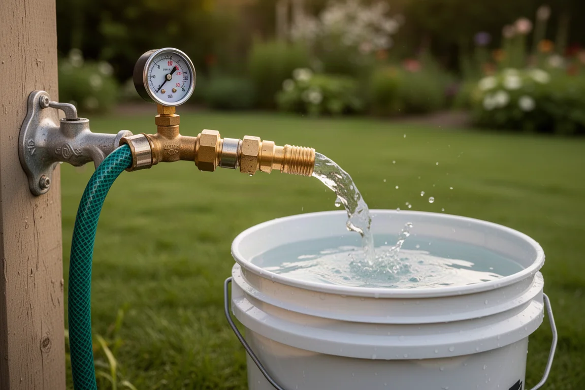 Gartenschlauch an einem Druckmessgerät angeschlossen, ein Fünf-Gallonen-Eimer füllt sich mit Wasser