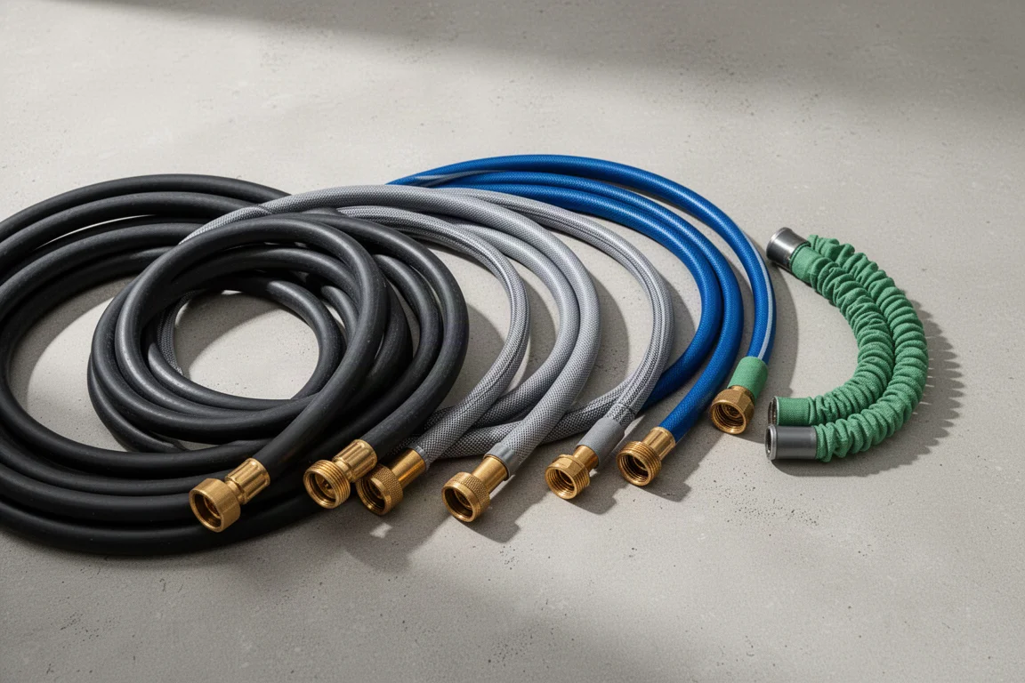 Collection of coiled garden hoses of different types arranged on concrete