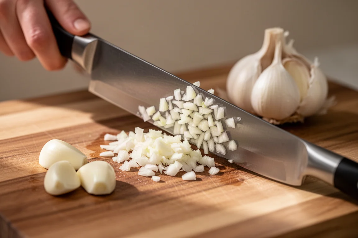 Frische Knoblauchzehen werden auf einem hölzernen Schneidebrett mit einem Kochmesser gehackt
