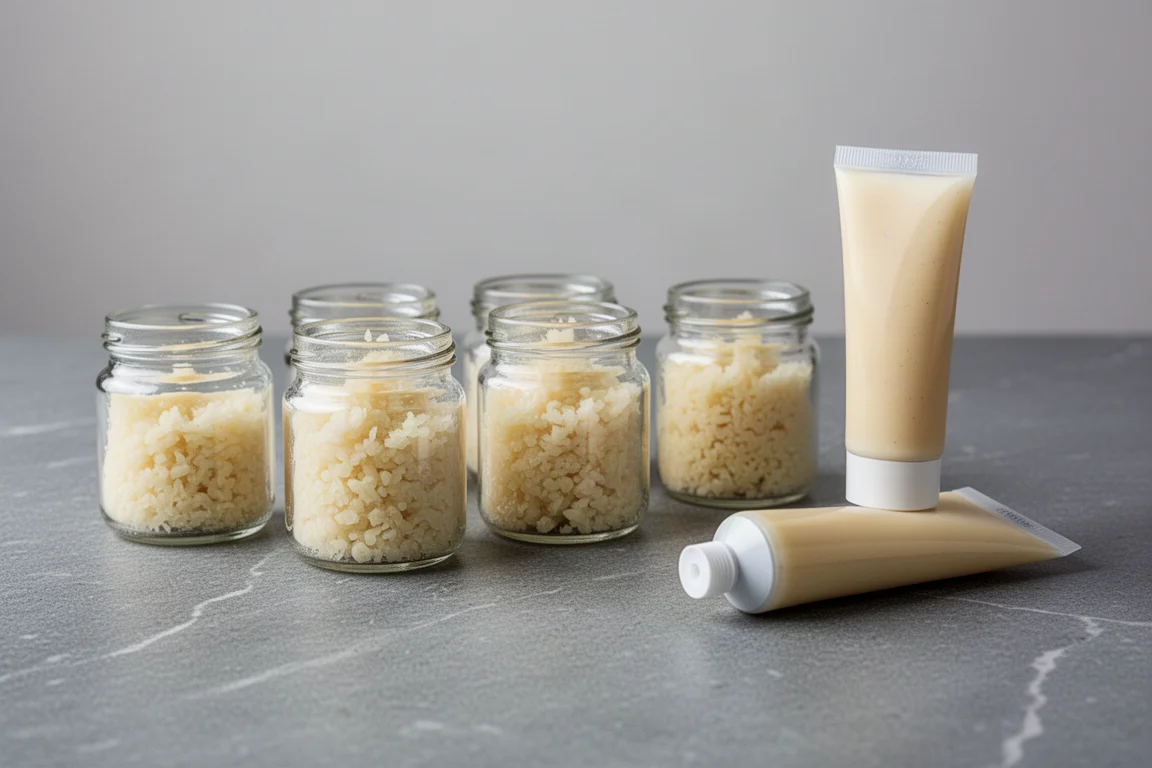 Gläser mit gehacktem Knoblauch und eine Knoblauchpastentube auf einer Küchenarbeitsplatte