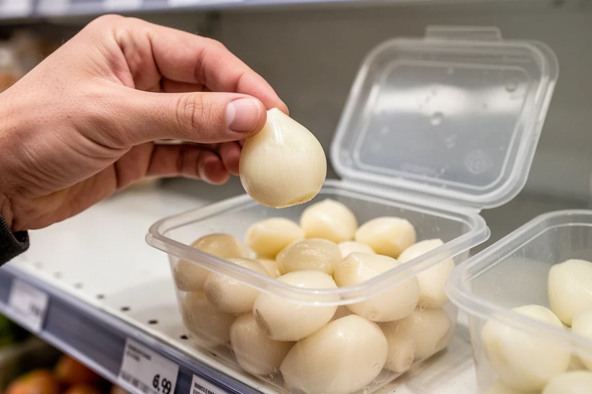 Hände prüfen eine geschälte Knoblauchzehe über einem Kunststoffbehälter im Supermarktregal