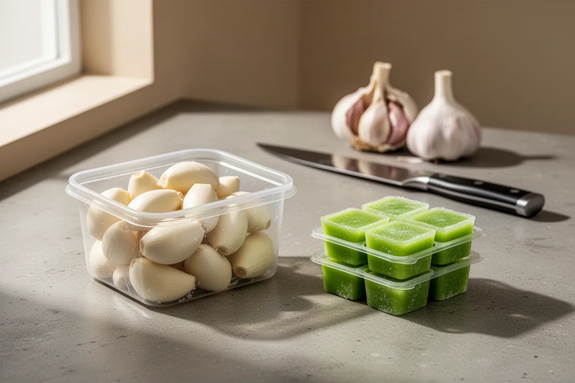 Peeled garlic cloves and frozen garlic cube trays on a concrete kitchen counter