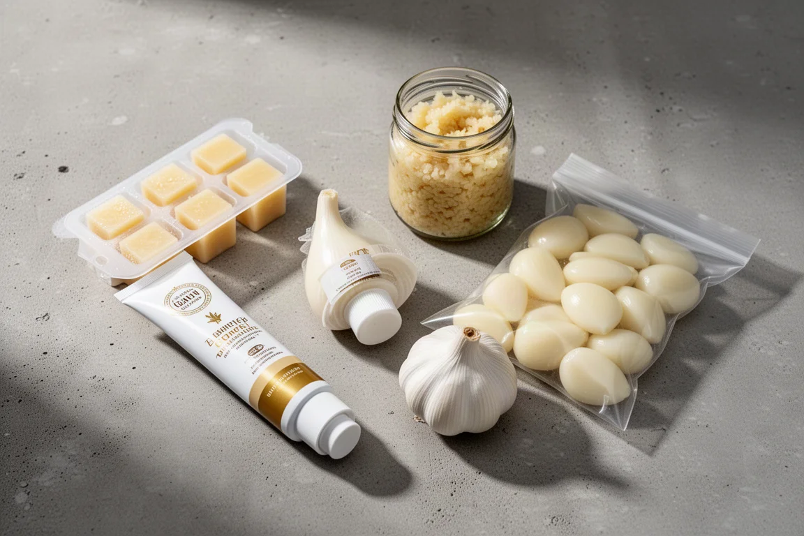Assorted garlic products including frozen cubes, a paste tube, a jar and a bag of peeled cloves on concrete
