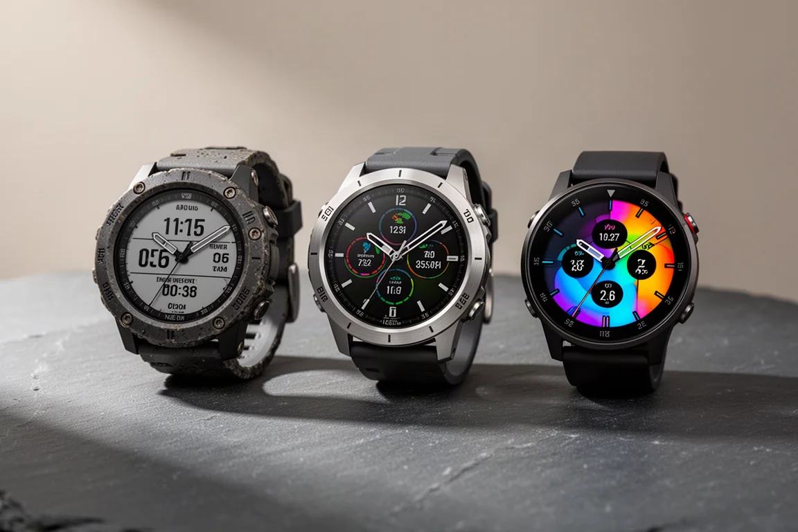 Three rugged Garmin-style GPS watches in a row on a matte slate surface