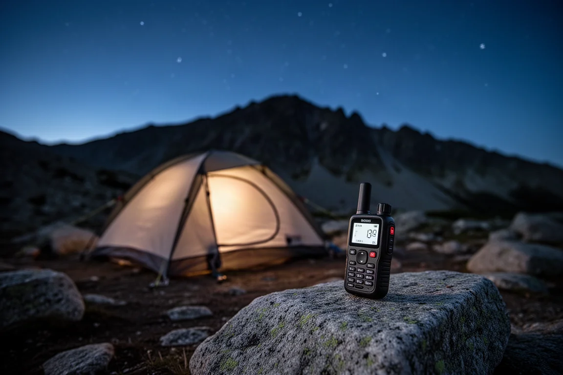 Acampamento alpino remoto ao anoitecer com uma pequena barraca e um comunicador sobre uma pedra