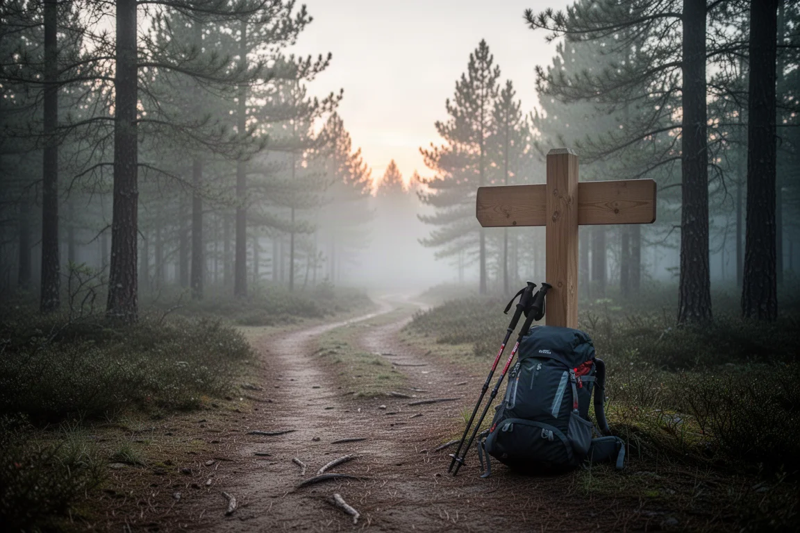Cruzamento de trilhas ao amanhecer com uma mochila apoiada em uma placa de madeira