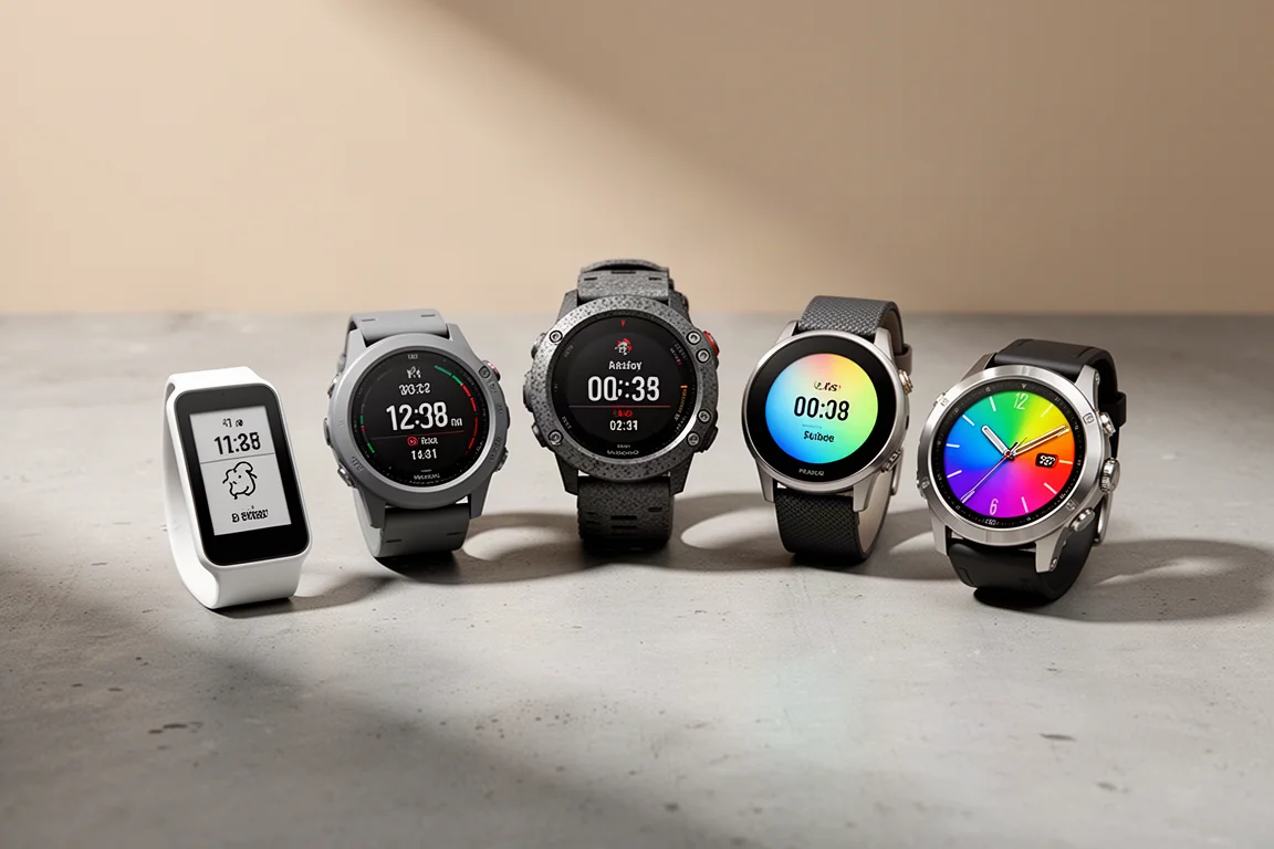 Collection of five Garmin-style GPS sports watches arranged on a concrete surface