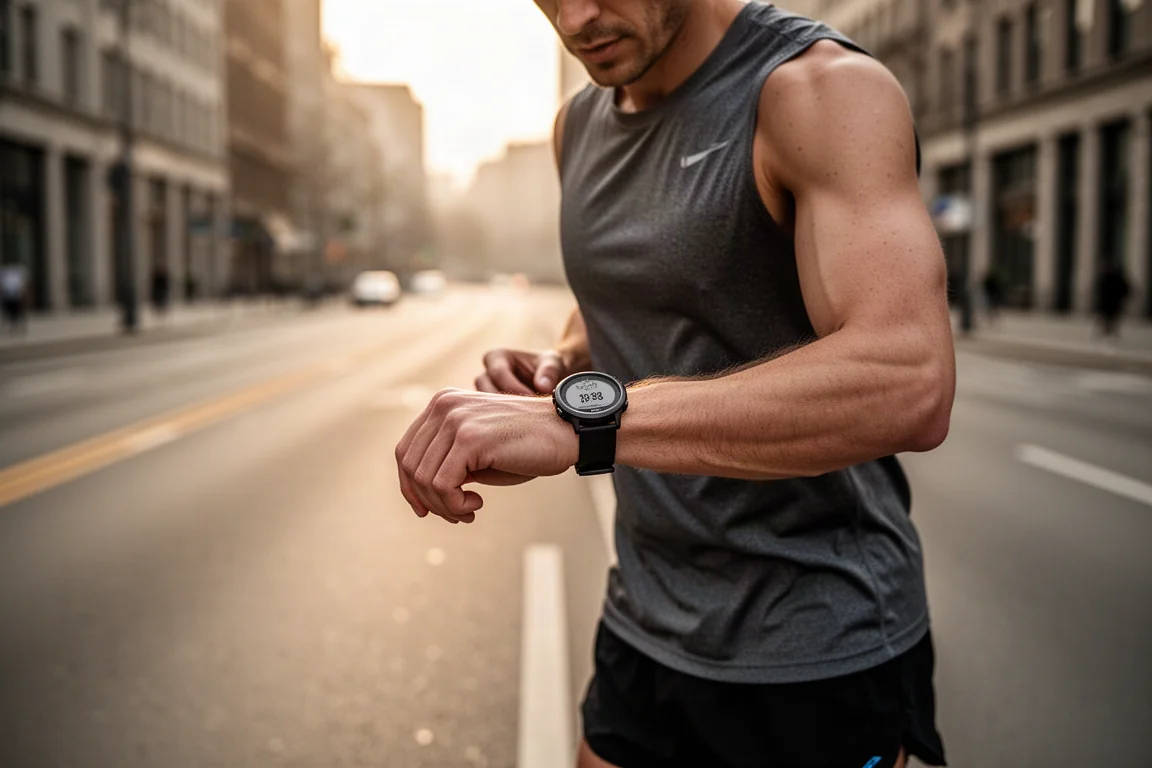 Corredor revisando un reloj GPS antes de una carrera matinal en una calle de la ciudad