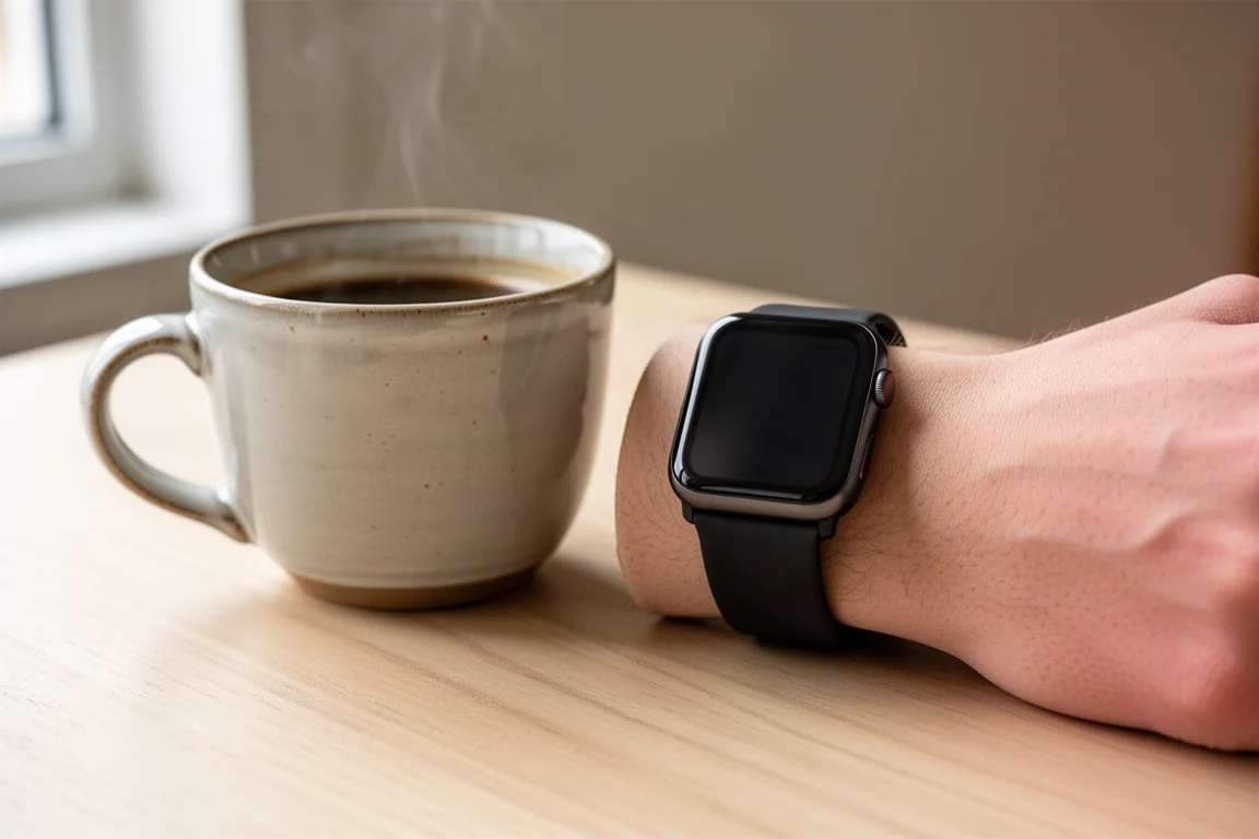 Smartwatch de esfera cuadrada en una muñeca junto a una taza de café