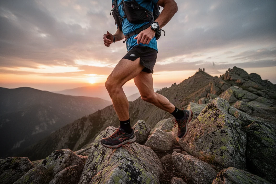 Corredor de trail en una cresta de montaña al atardecer con un reloj GPS robusto