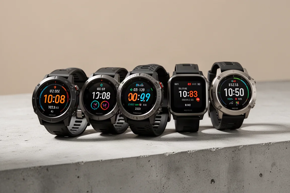 A lineup of five GPS sports watches on a matte concrete surface