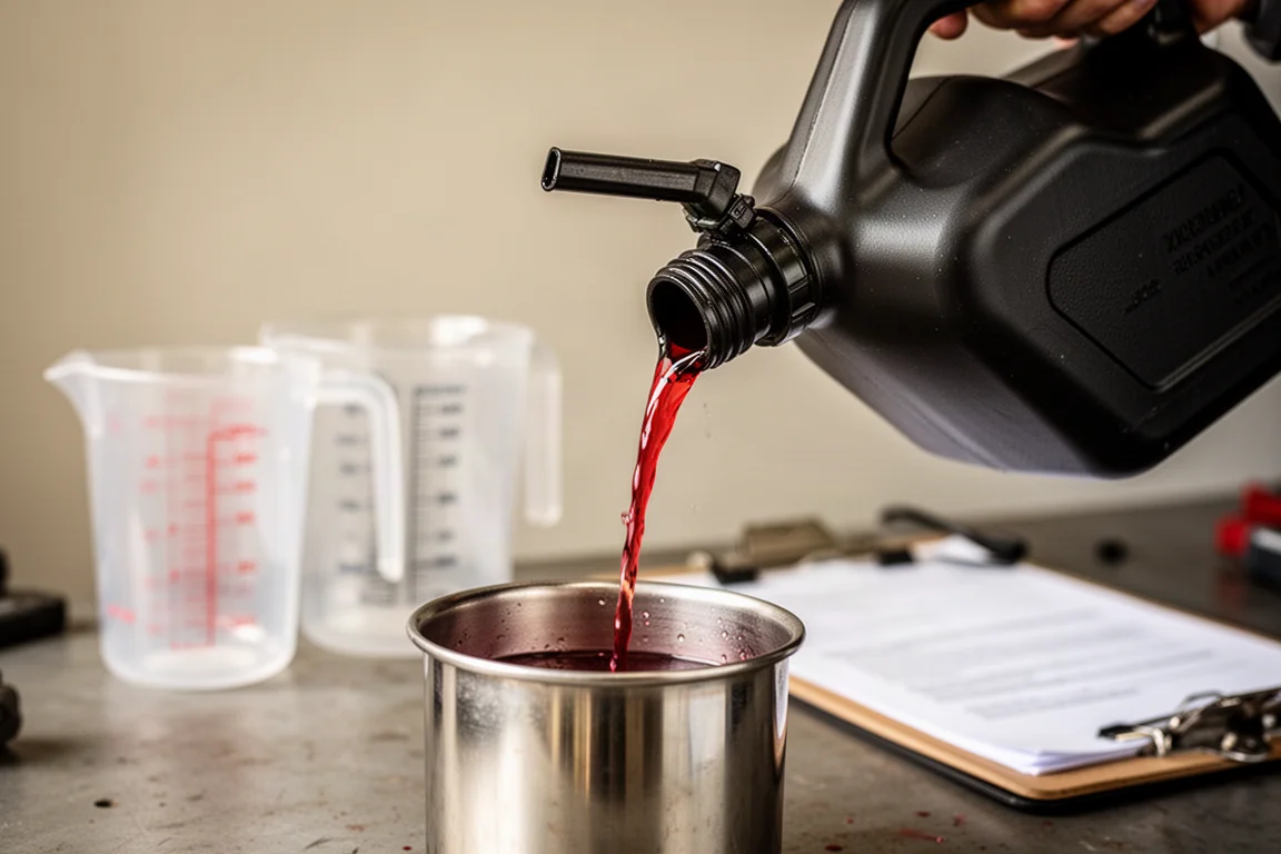 Liquide de test coloré versé depuis un bec de jerrican dans un conteneur posé sur un établi