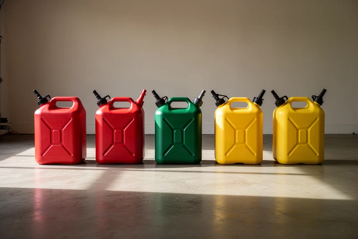 Rangée de jerricans de carburant de cinq gallons alignés sur le sol d'un garage
