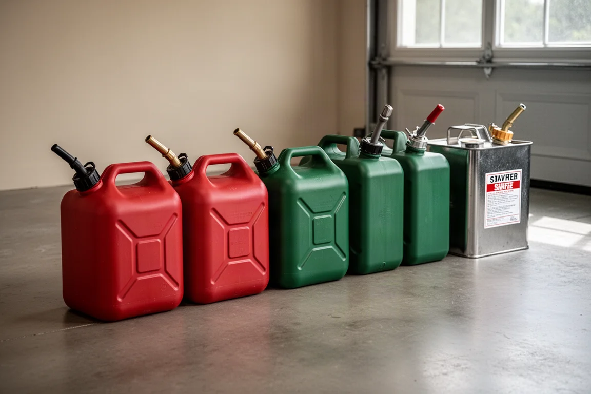 Fila di taniche benzina da cinque galloni allineate sul pavimento di un garage pronte per il test