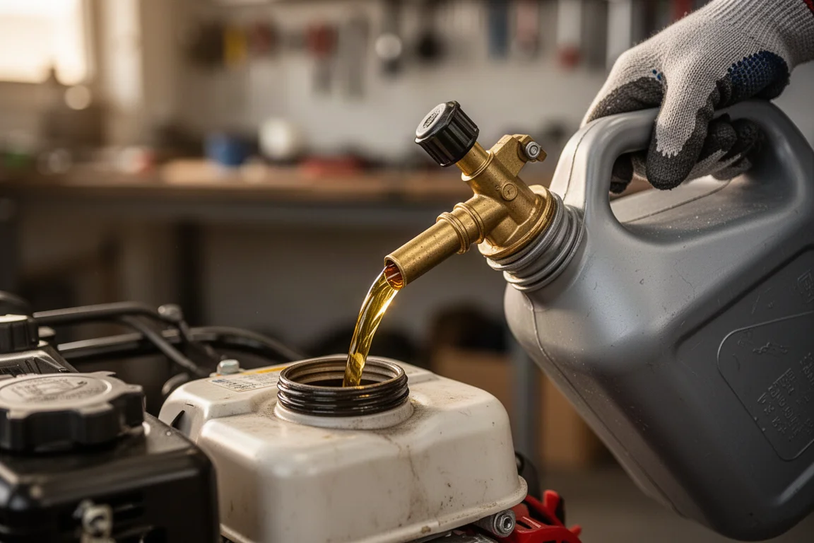 Primo piano di un beccuccio di tanica benzina che versa carburante nel serbatoio di un piccolo motore