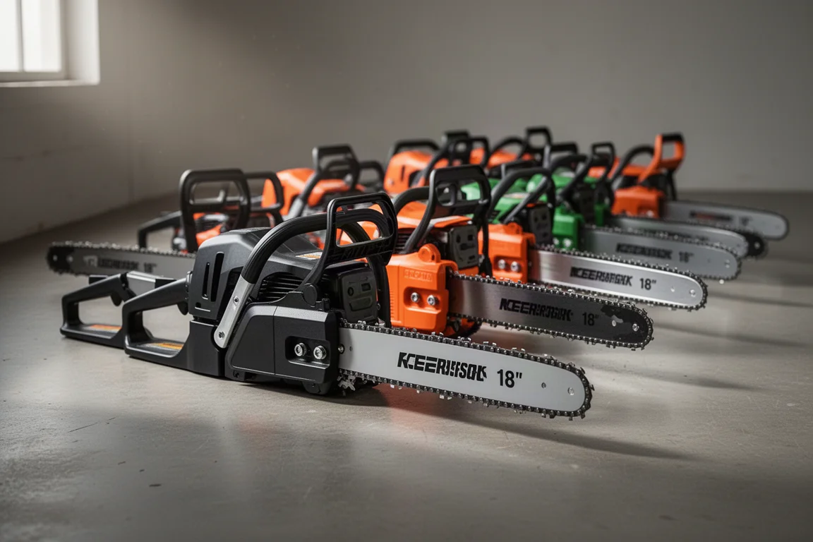 Row of eight gas chainsaws with 18-inch bars lined up on a concrete floor