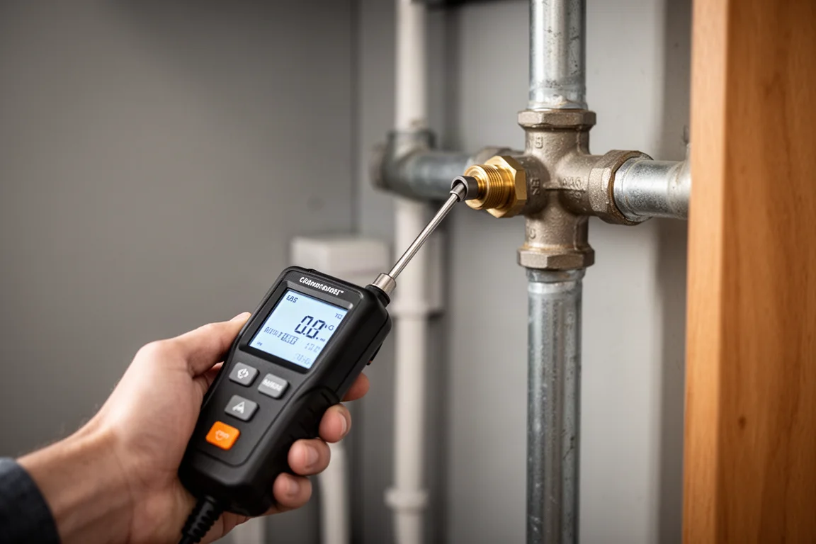 Handheld gas leak detector probe held near a gas line fitting in a utility space