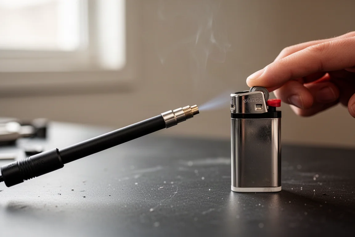 Detector probe tested against a lighter flame producing a burst of gas
