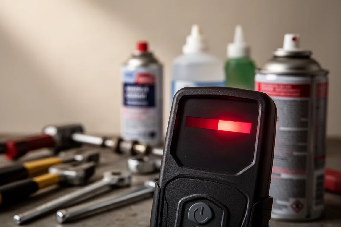 Detector display showing a multi-color alert indication during testing