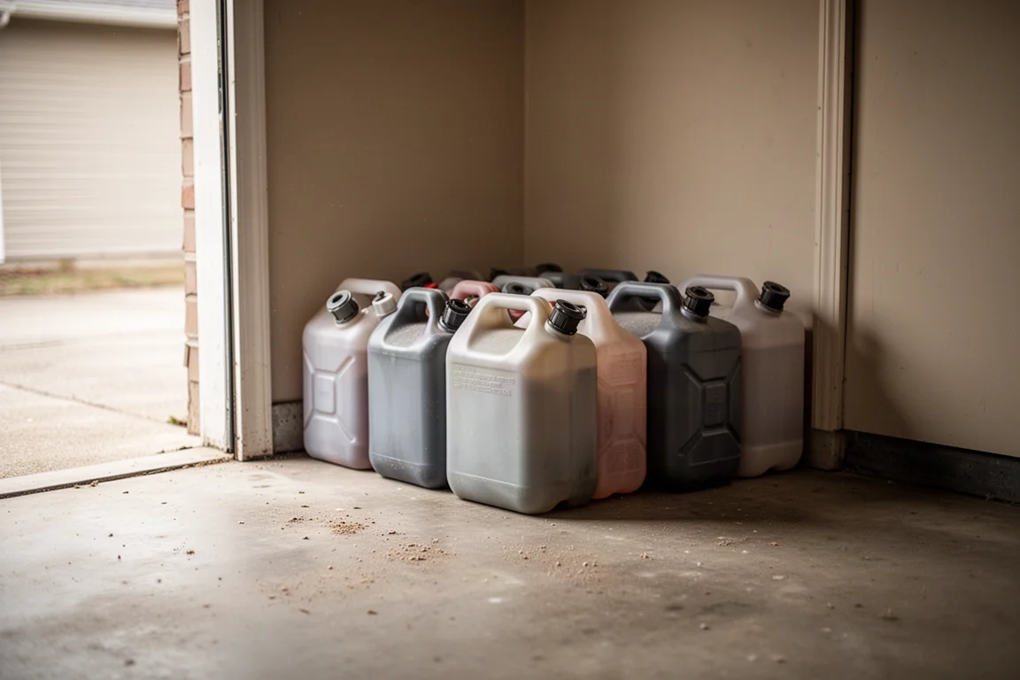 Plastic gas cans stored in a residential garage corner