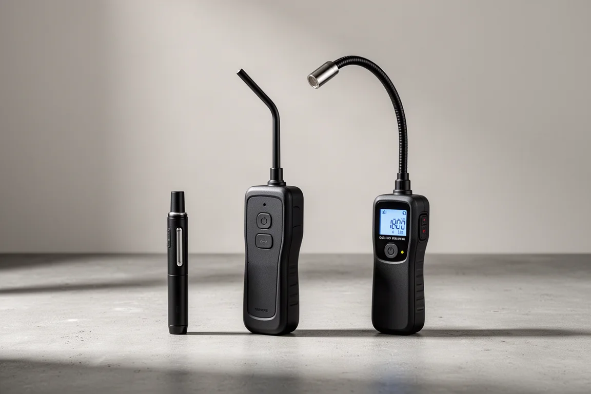 Three handheld gas leak detectors side by side on a concrete surface