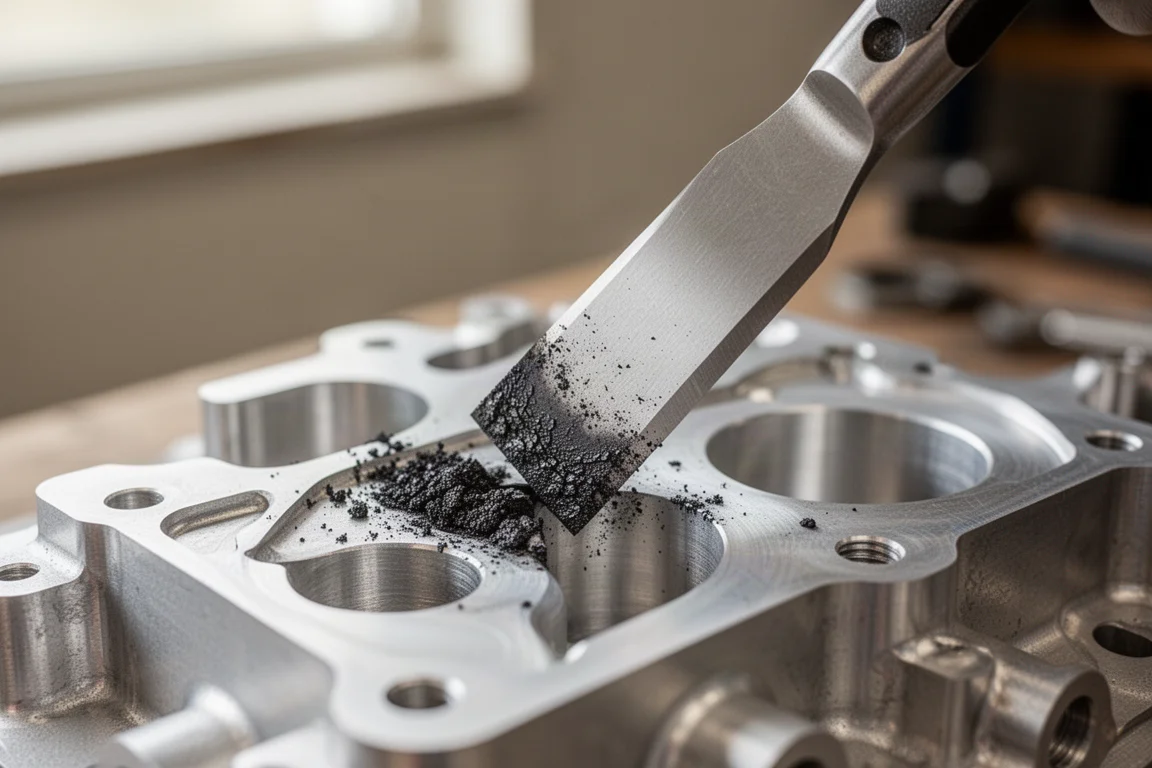 Dichtungskratzer-Klinge hebt Rückstände von einer bearbeiteten Metalloberfläche ab