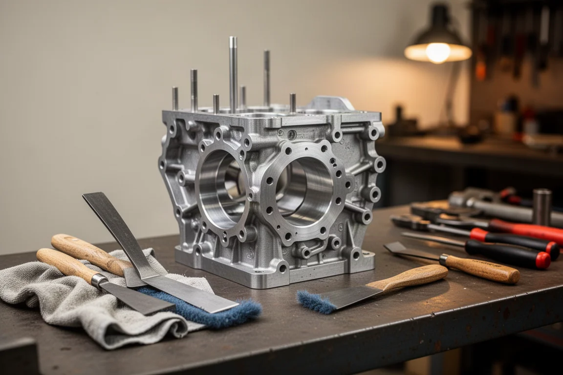 Mechaniker bearbeitet eine Dichtungsfläche in der Werkstatt