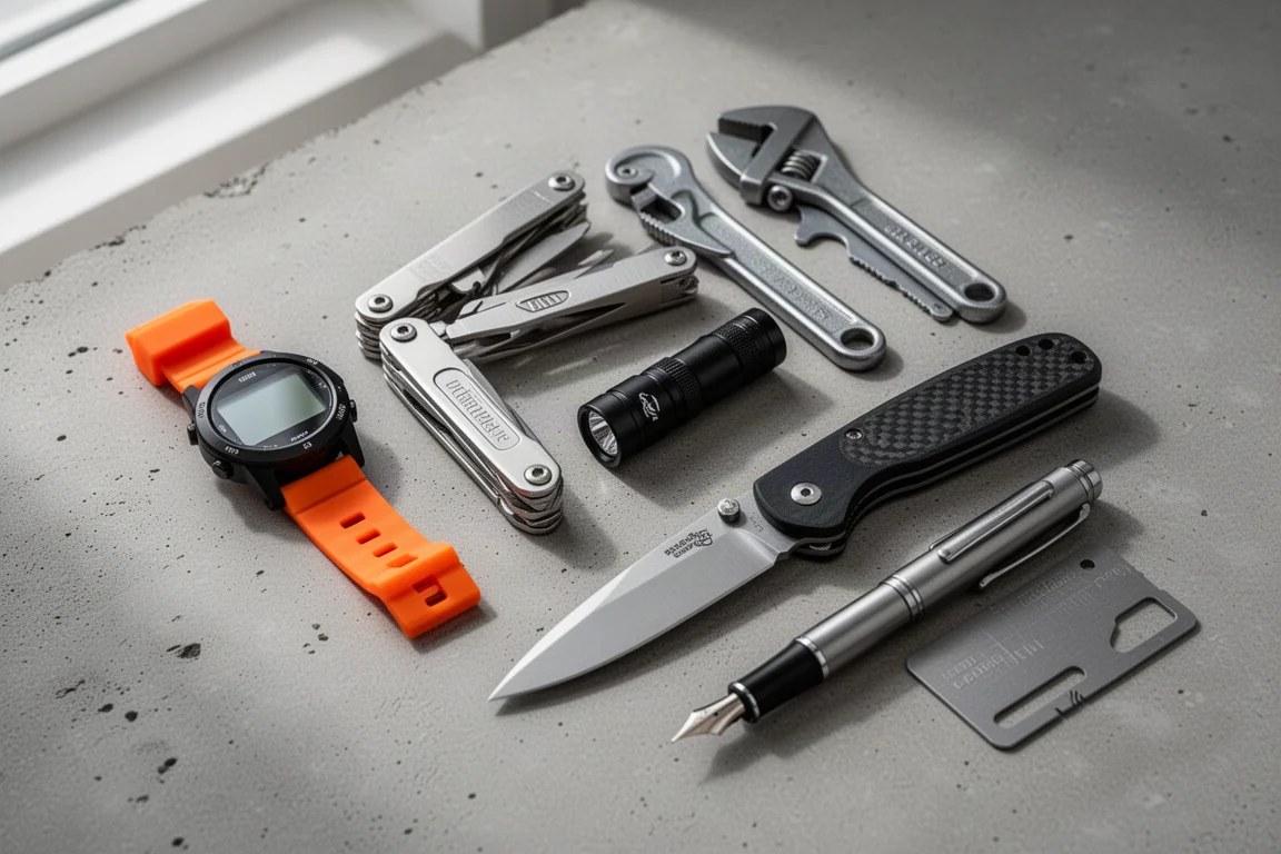 Rozłożony na płasko budżetowy sprzęt EDC: zegarek, multitool, klucz, latarka, nóż i długopis na betonie