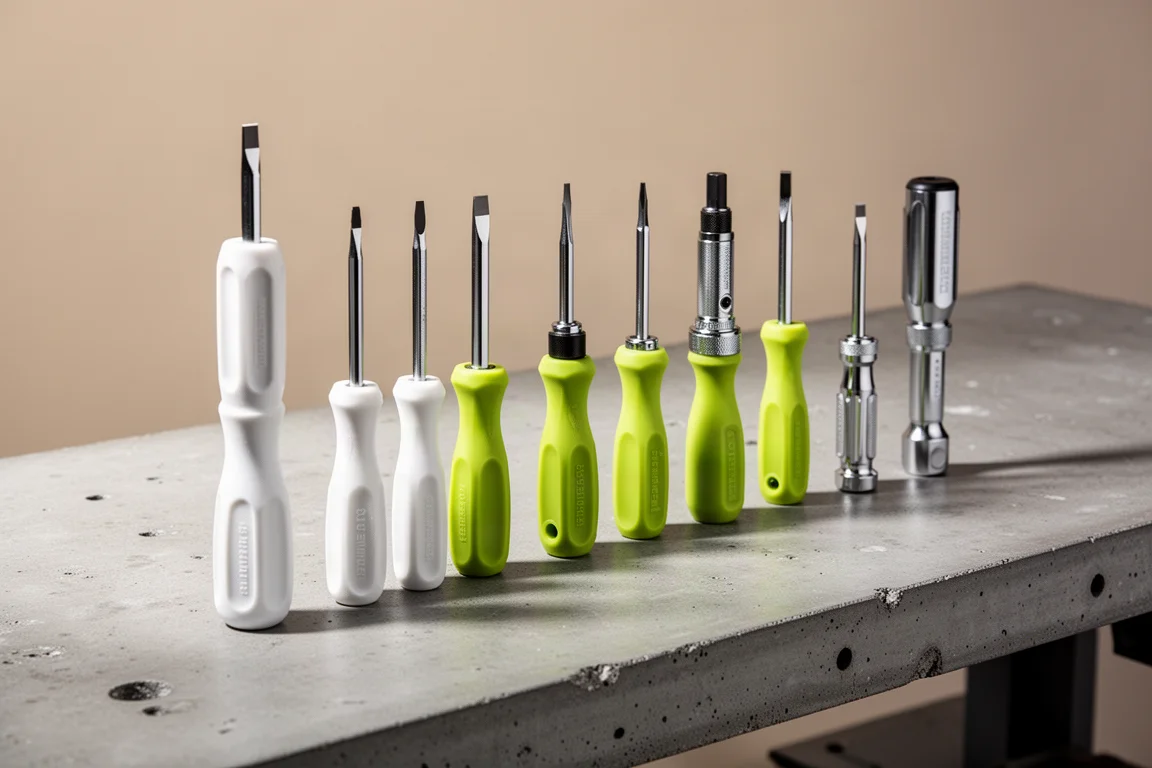 Eight ratcheting and gearless screwdrivers lined up on a workbench