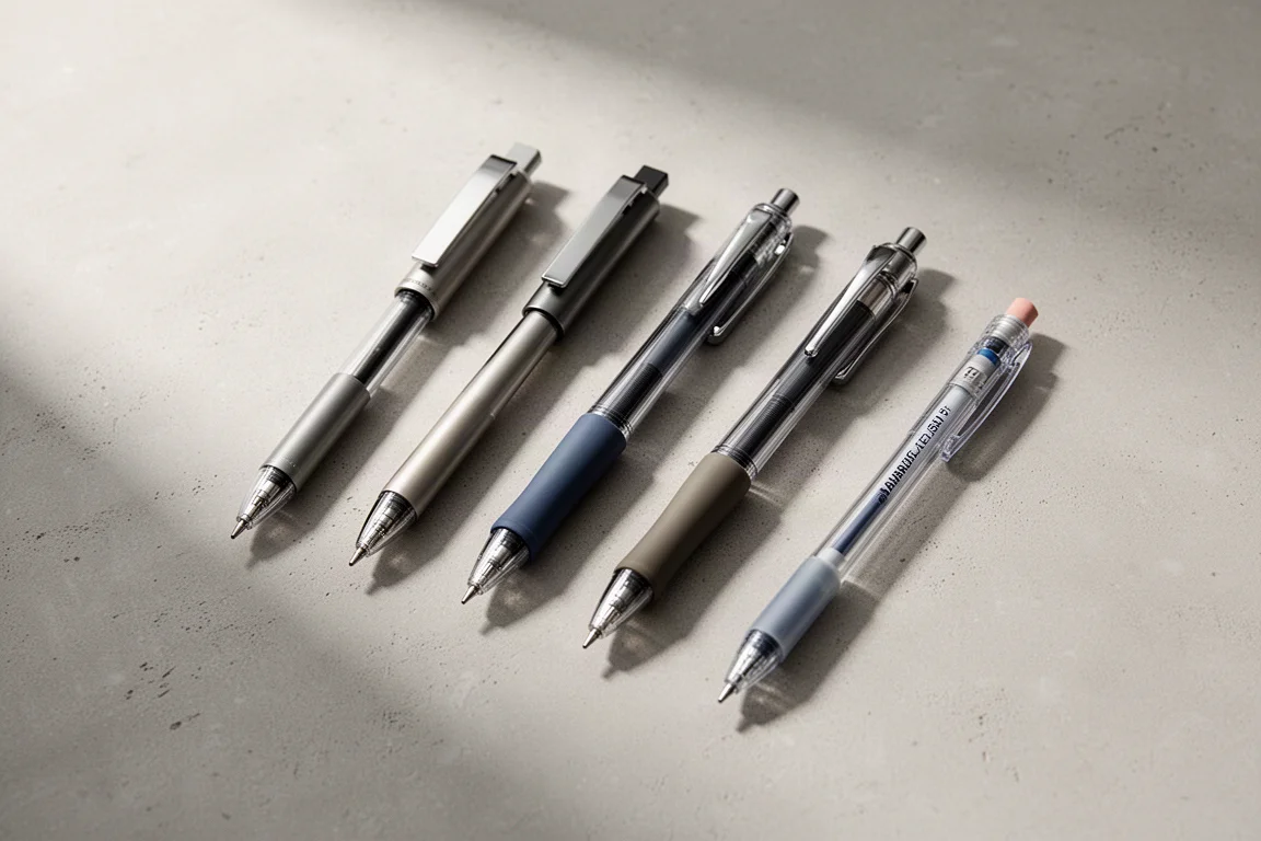 Six different gel pens arranged in a diagonal row on a light grey surface