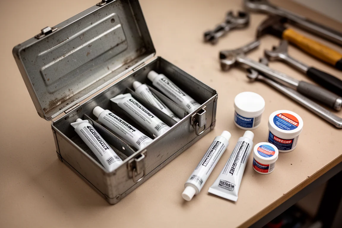 Open toolbox with assorted grease tubes and lubricant cans on a workbench