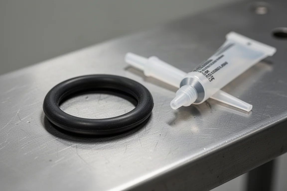 Close-up of an O-ring resting on a workbench next to a small tube
