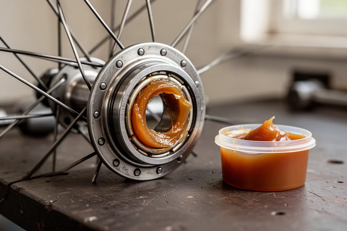 Bicycle hub bearing being packed with thick grease on a workshop bench