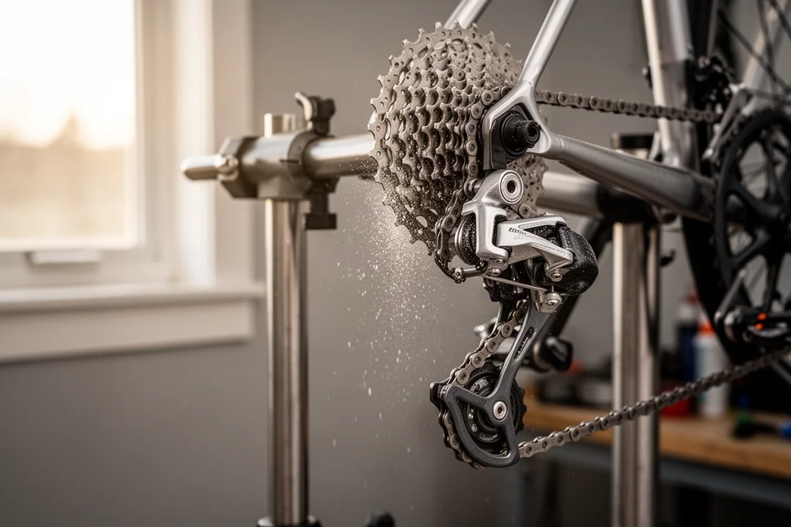 Bicycle chain and derailleur being lubricated in a workshop setting