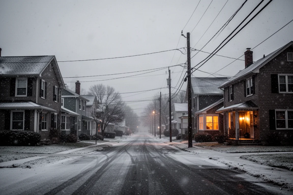 Sneeuwval in een voorstadswijk tijdens een stroomuitval in de winter