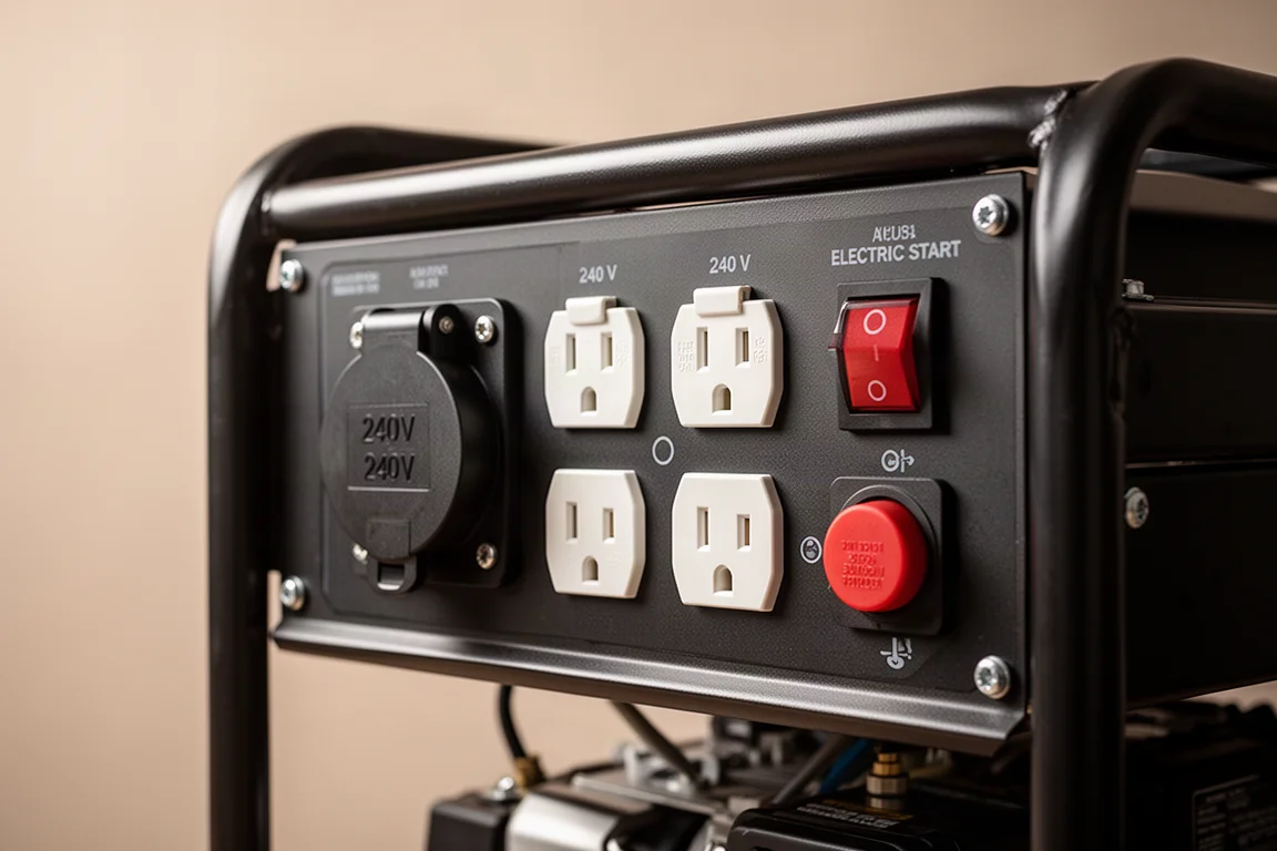 Close-up van een stopcontactenpaneel van een generator met 240V en standaard stopcontacten