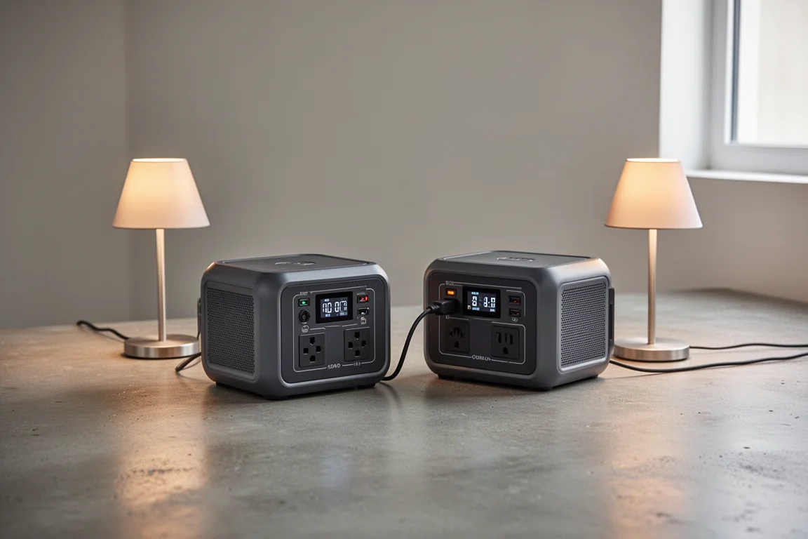 Twee compacte powerstations met kabels verbonden op een tafel